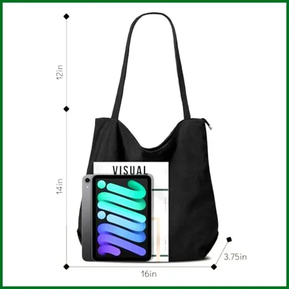 Corduroy Tote Bag Large Capacity Hobo Shoulder Bag Zipper Vintage Casual - Picture 4 of 7